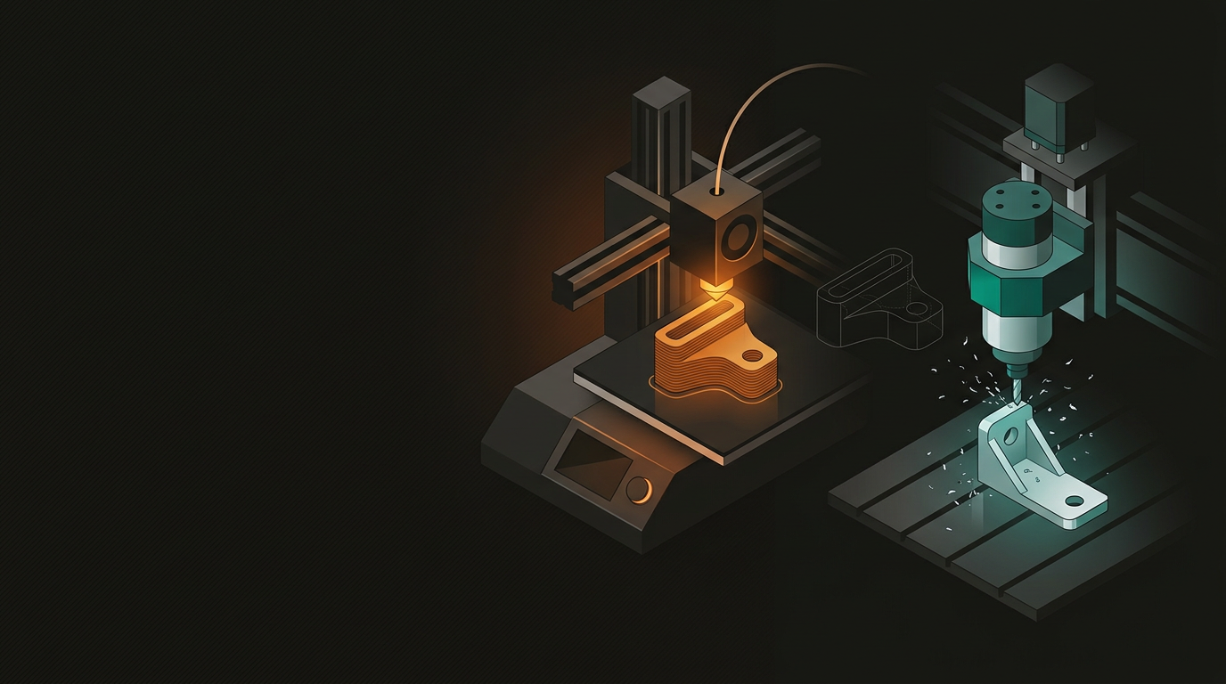 3D printer nozzle layering a part next to a CNC router cutting aluminium