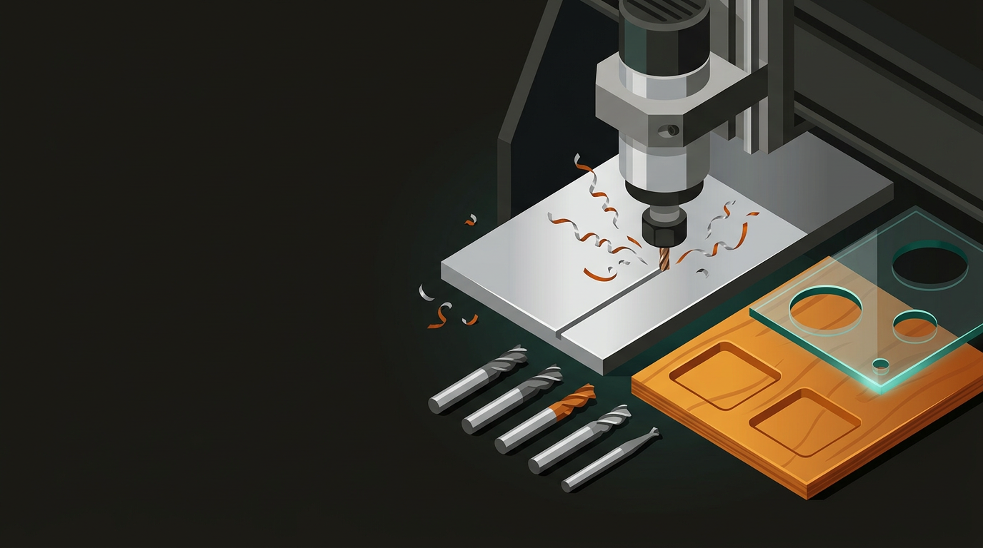 CNC router cutting aluminium, acrylic and timber panels on a workshop bench