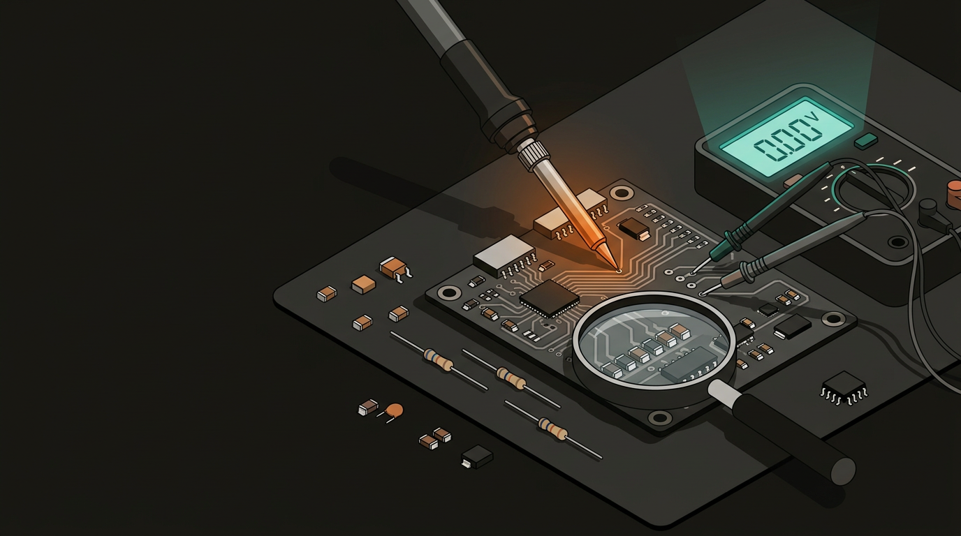 PCB repair workbench with soldering iron, multimeter probes on a circuit board, and SMD components under a magnifying lens