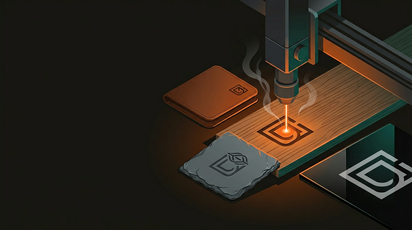 Laser engraver etching a brand logo into a timber surface with glowing orange laser point