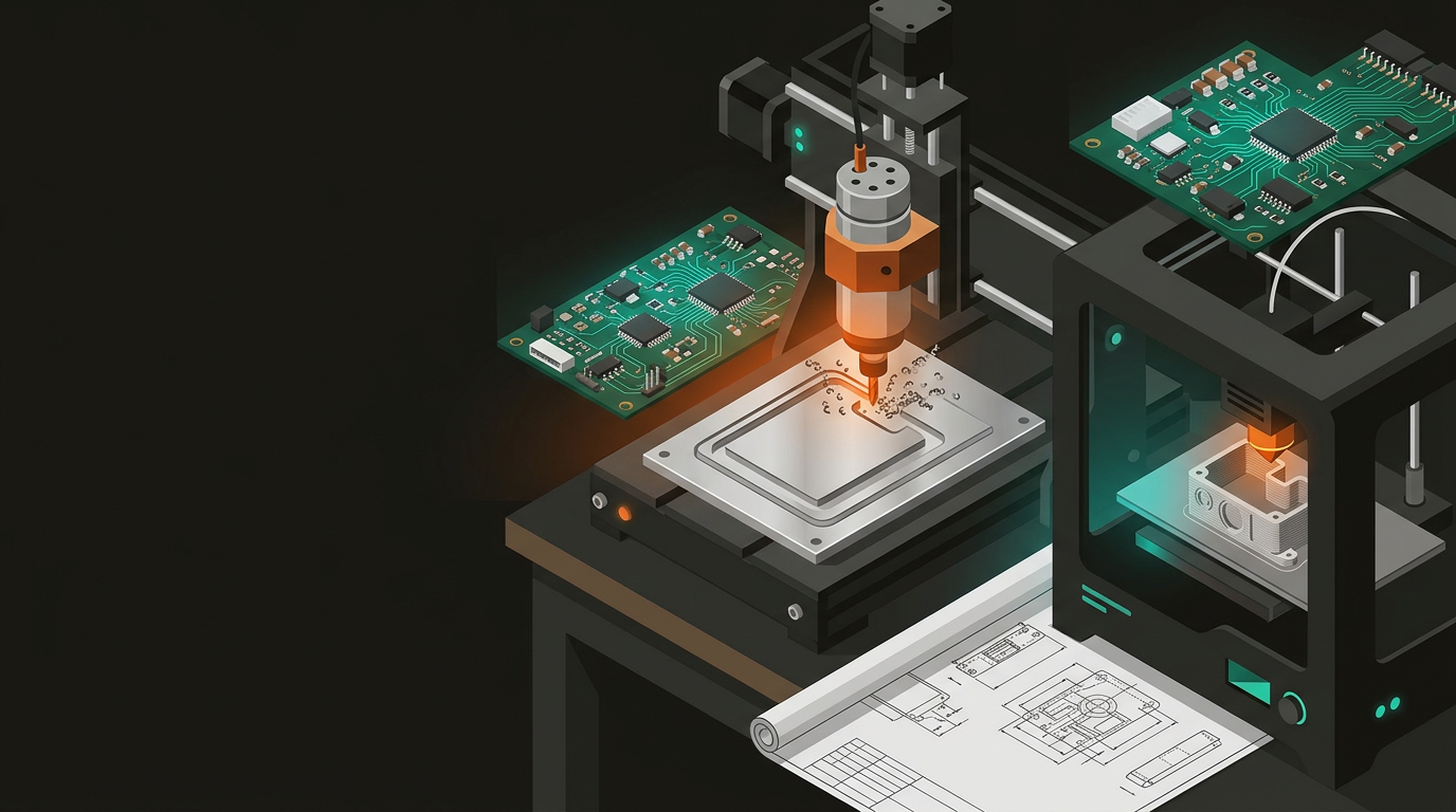 CNC machine, 3D printer, and PCB board on a workshop bench with engineering drawings
