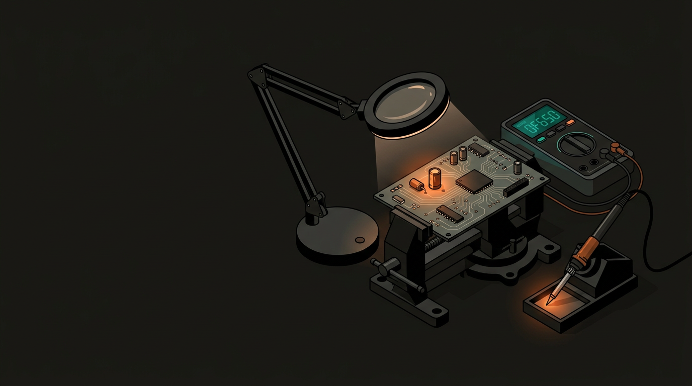Electronics repair workbench with circuit board, multimeter, and soldering station