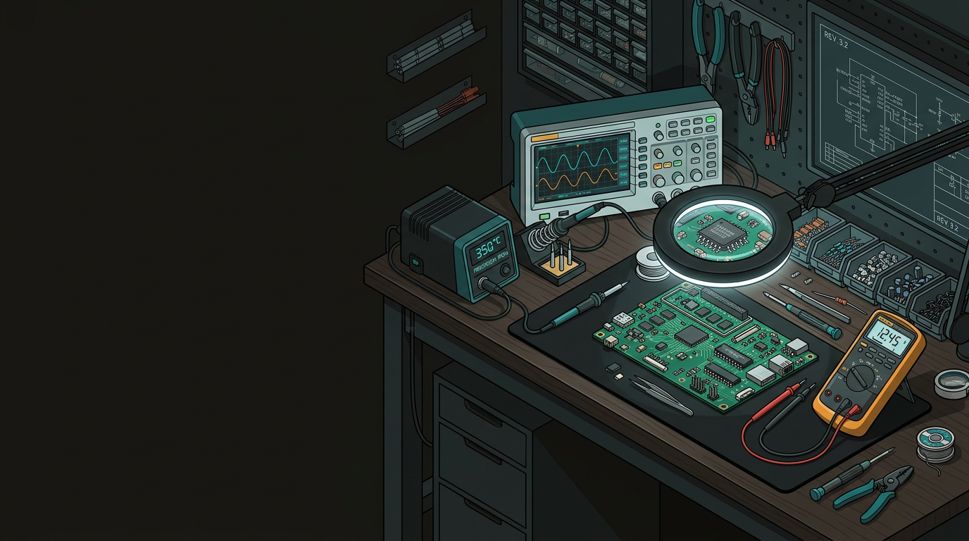 An organised electronics repair bench with oscilloscope, soldering station, multimeter and PCB under repair