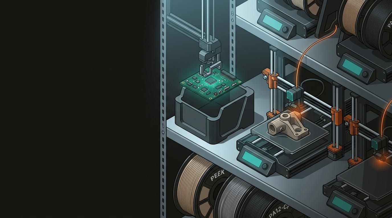 3D print farm with multiple FDM printers running in parallel, engineering-grade filament spools, and printed end-use components