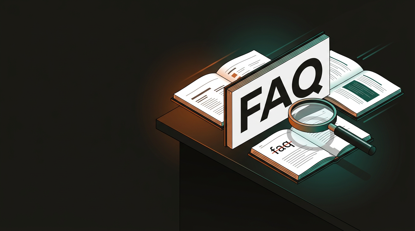 Editorial illustration showing FAQ acronym typography and style guide documents