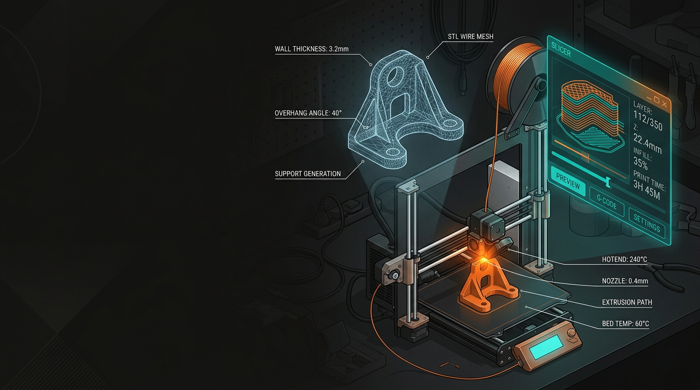 3D printer extruding a part with STL mesh wireframe and slicer layer preview
