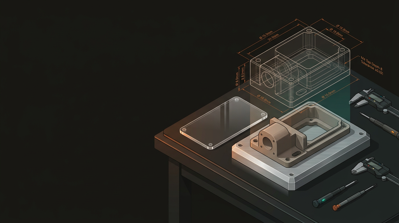 Rapid prototyping workflow showing 3D printed parts, laser-cut acrylic panels, CNC-routed aluminium plate and CAD geometry on a dark workbench