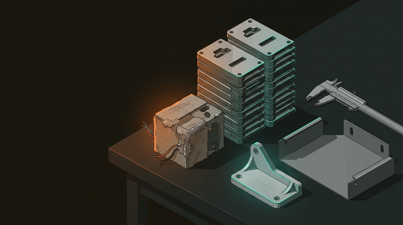 A hand-built prototype beside a stack of identical production parts on a manufacturing workbench