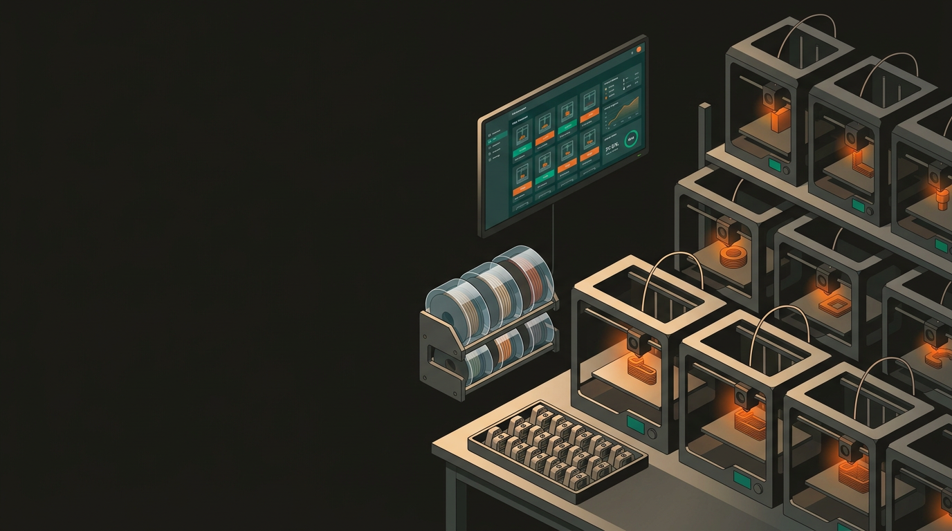 Array of industrial FDM 3D printers running in parallel production