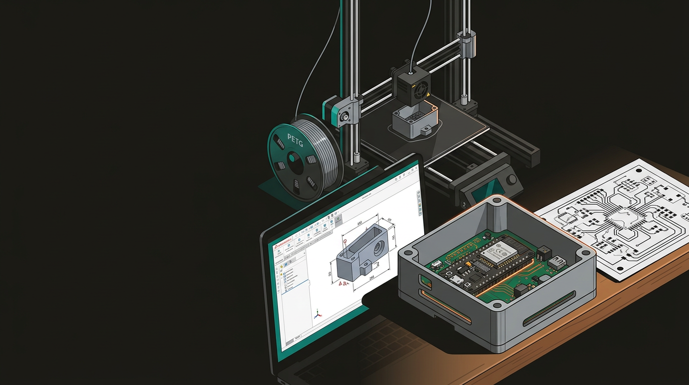 CAD model, 3D printed enclosure, and circuit board arranged for smart prototype development