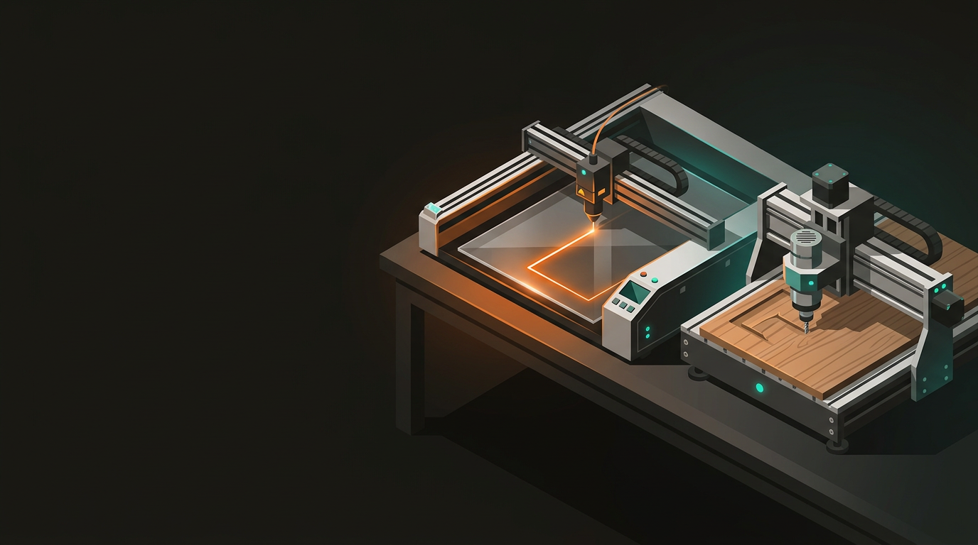 Laser cutter beam cutting acrylic alongside a CNC router cutting timber panel