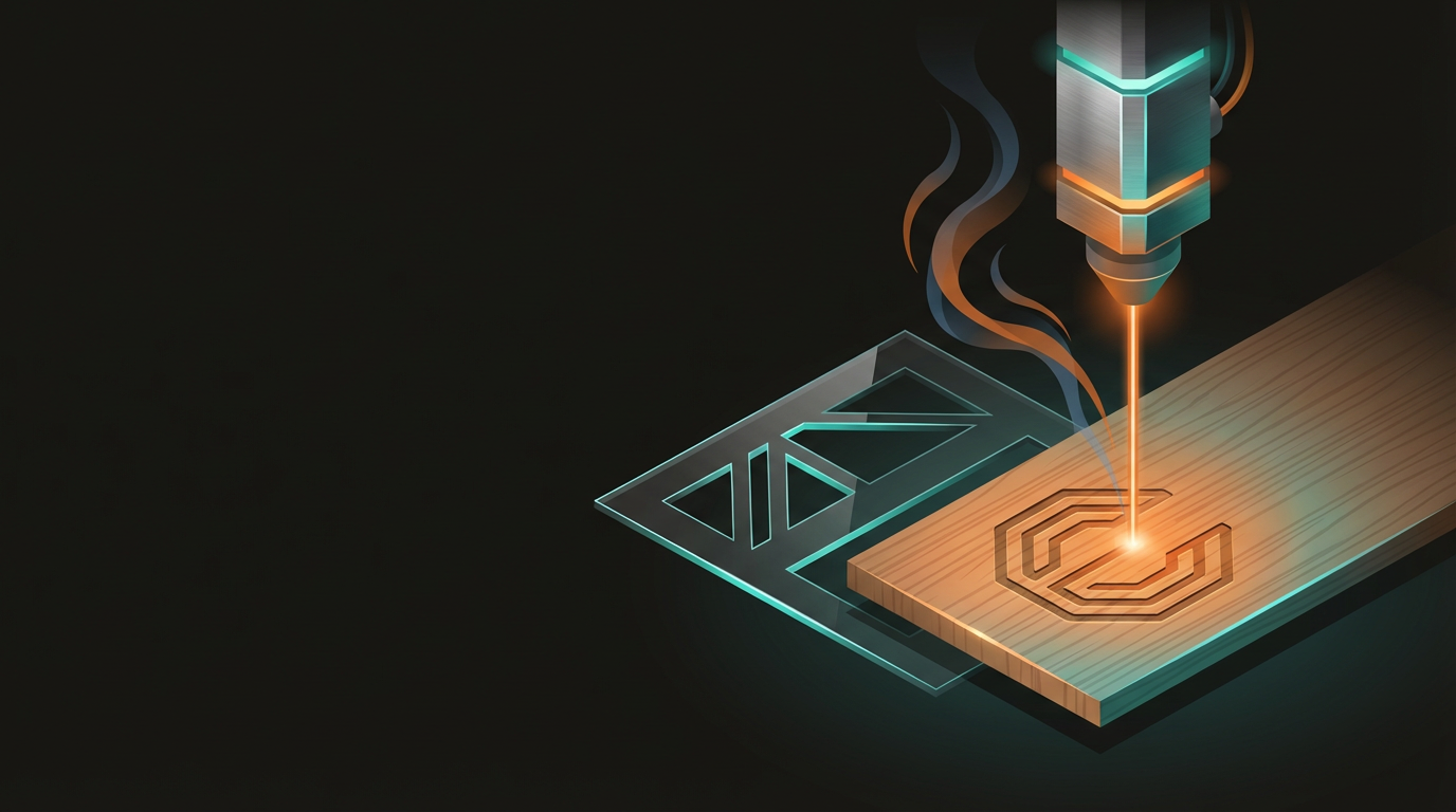 Laser head engraving a detailed logo into a timber surface, with orange and teal light glowing from the laser point against a dark workshop background
