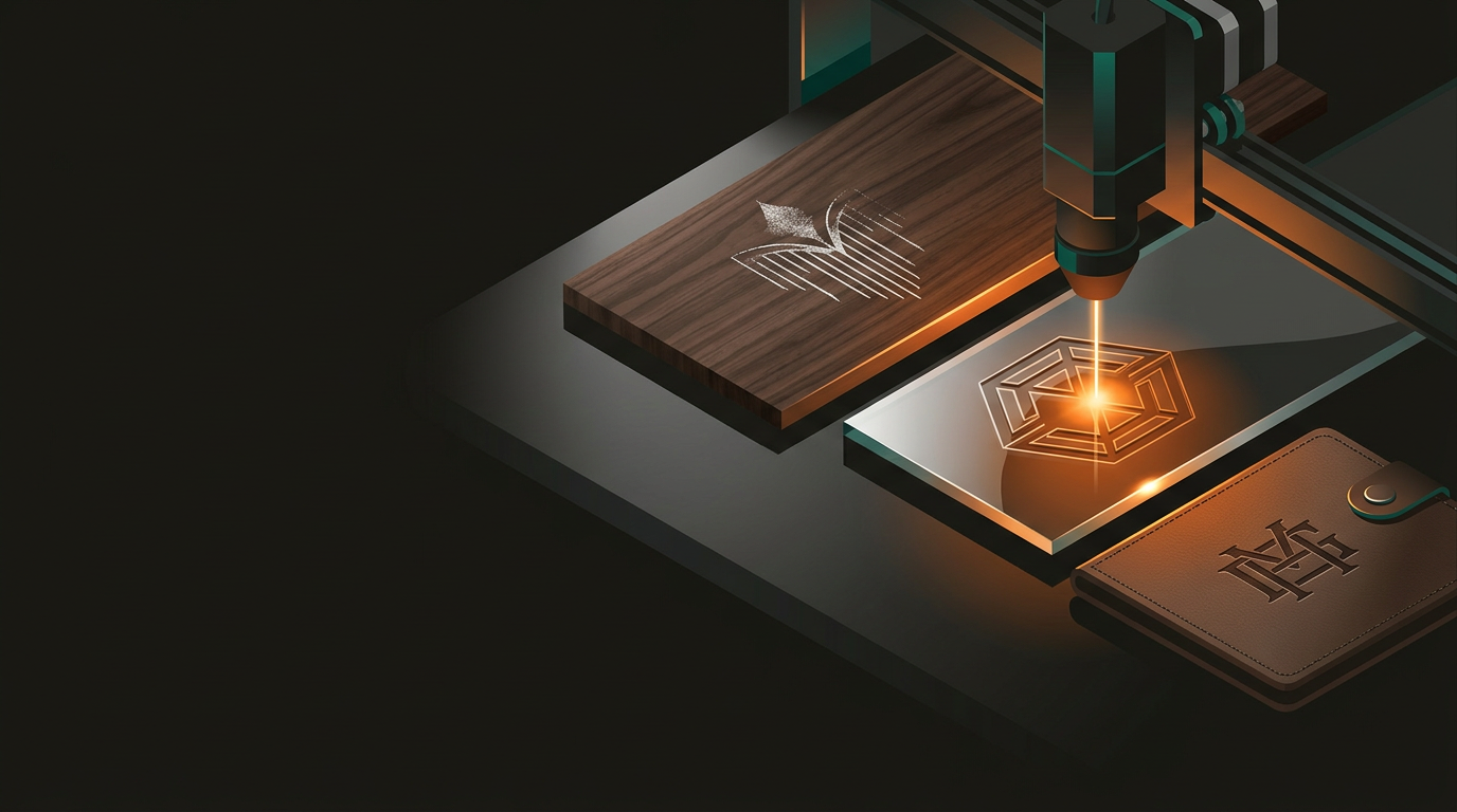 Laser engraver beam marking walnut timber and acrylic panels with precise fine detail