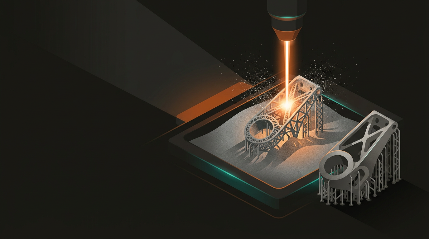 DMLS metal 3D printer with titanium powder bed, glowing laser sintering a complex aerospace bracket component