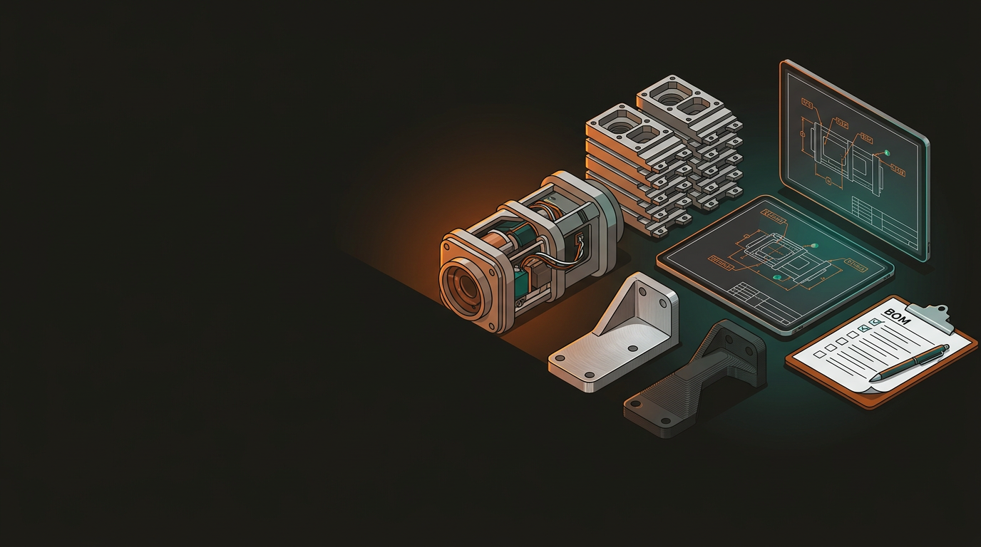 Prototype part next to production components and engineering drawings