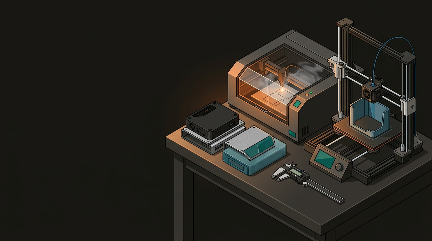 Laser cutter, 3D printer, and CNC router arranged in an industrial makerspace with prototype parts on a workbench