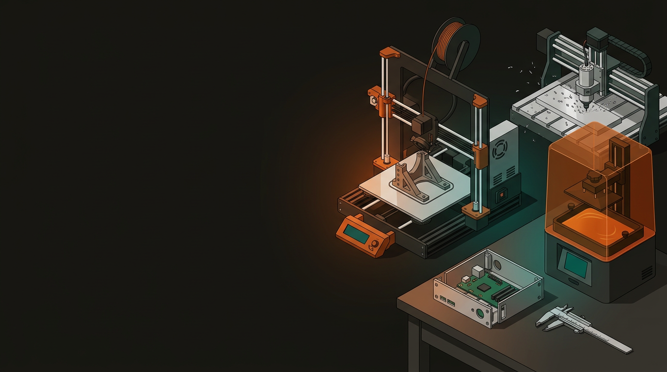 3D printer, laser cutter, and CNC machine in a hardware startup workshop