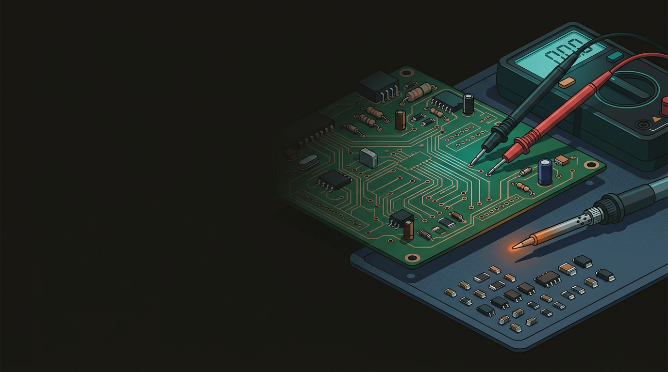 Close-up of circuit board repair tools and PCB components on a workbench
