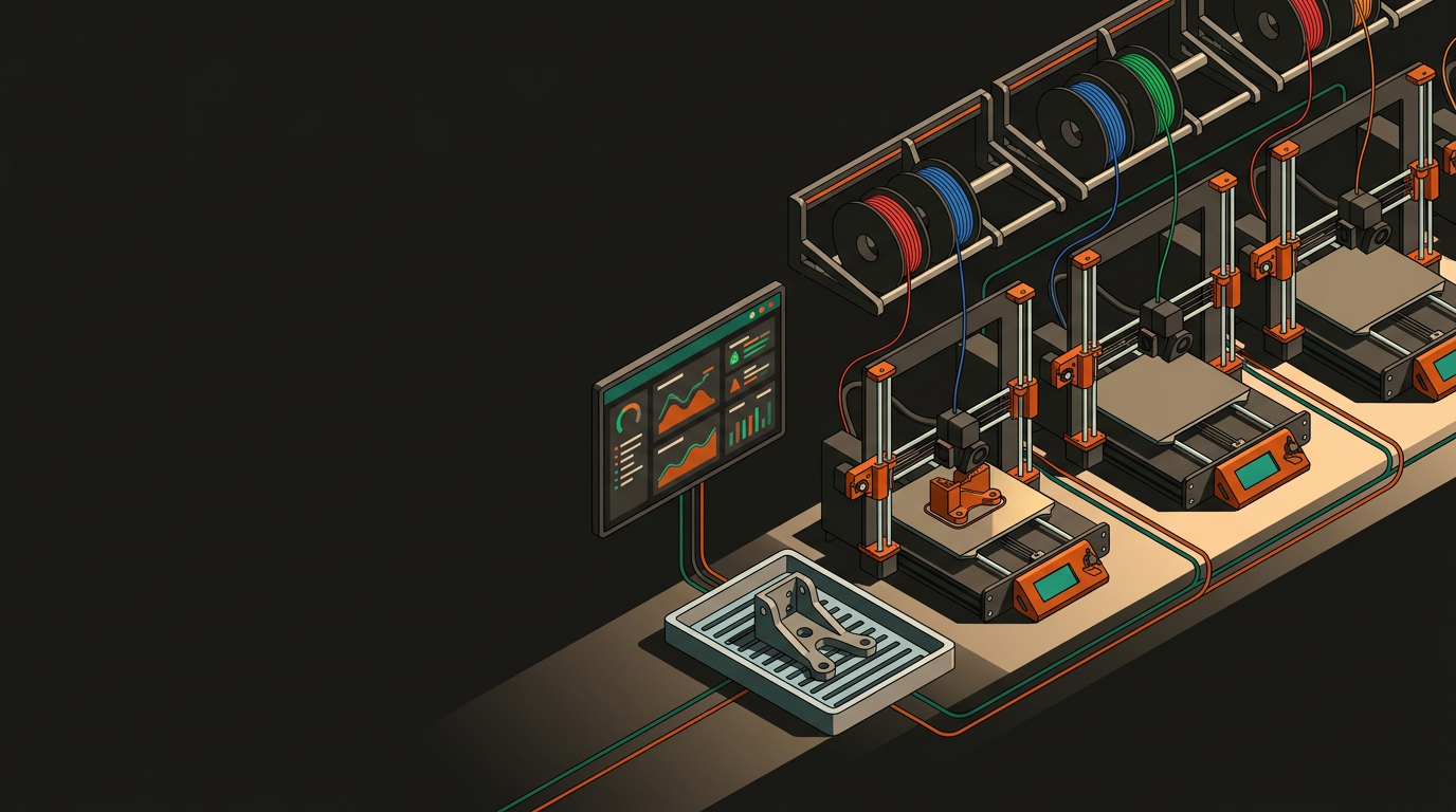 Rows of FDM 3D printers running in a production print farm with monitoring screens
