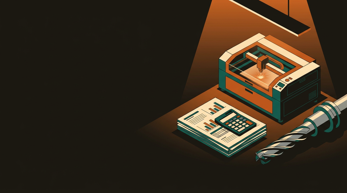 Laser cutter, CNC router, and 3D printer on a workshop bench beside financial paperwork