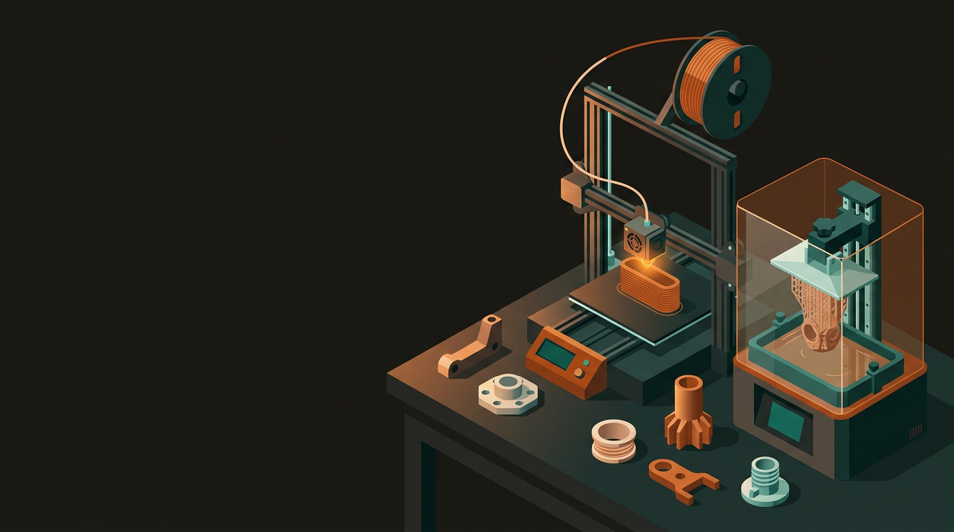 FDM printer extruding filament beside a resin vat with cured parts on a workshop bench