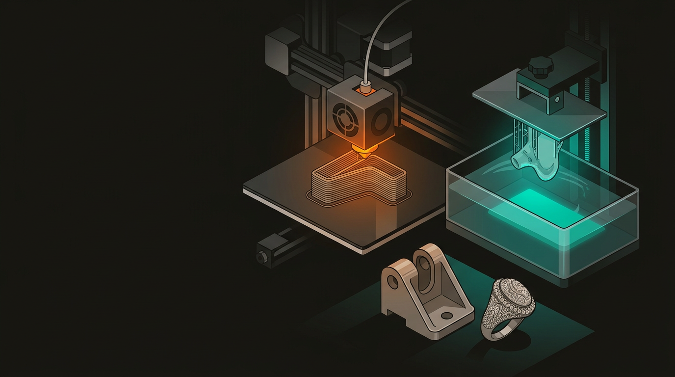 FDM printer extruding filament beside a resin vat with cured parts and UV light