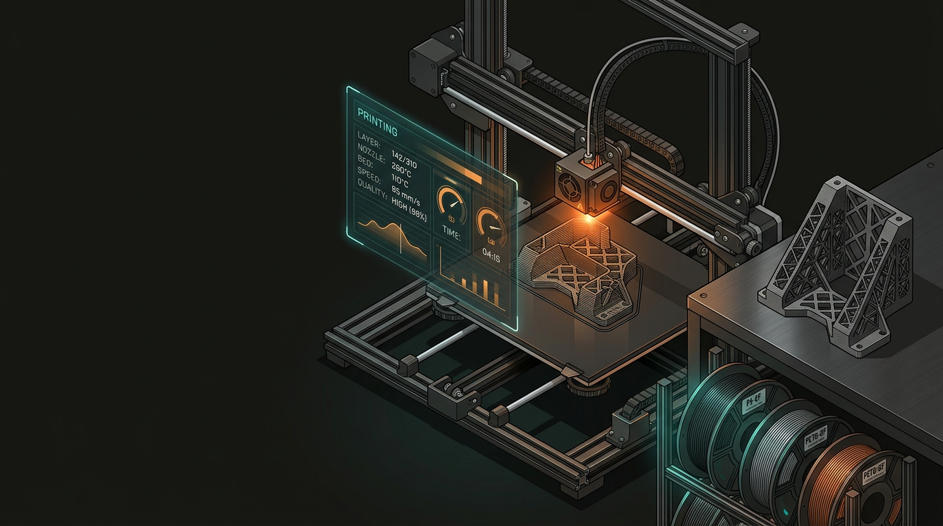 Futuristic 3D printing facility with automated print farms, advanced materials and digital process control